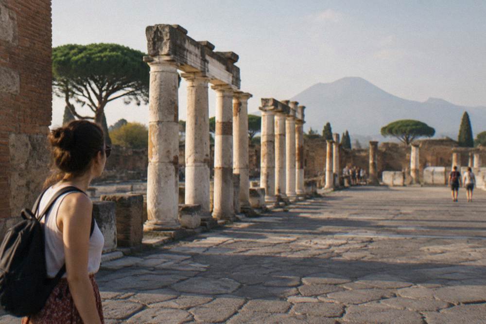 Ancient Roman stone street in Pompeii with worn cart ruts and large stepping stones
