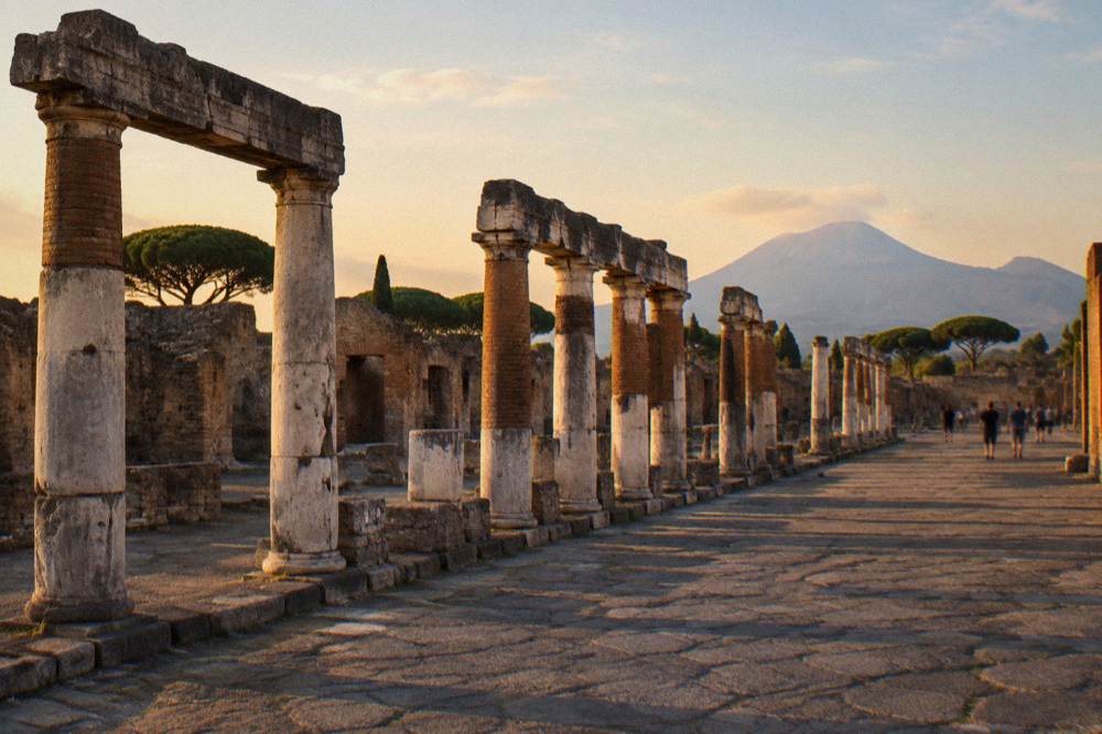 The Vesuvius crater rim above the Bay of Naples under a clear sky