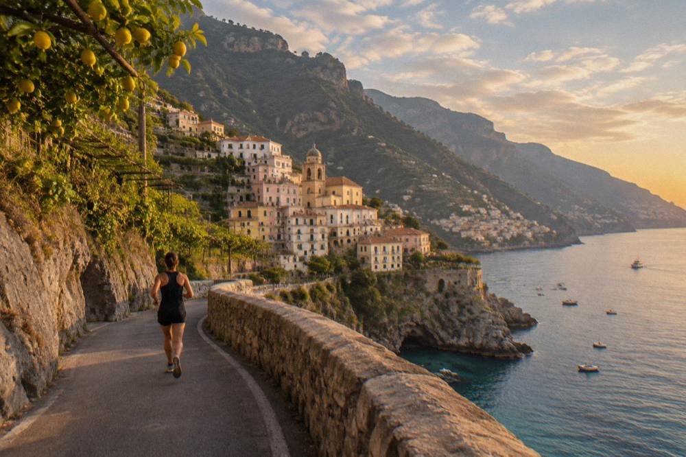 A pastel-coloured cliffside town above a blue bay with small boats moored along the shore
