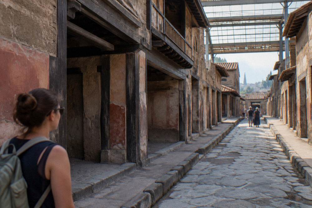 Ancient stone buildings of Herculaneum with the modern town of Ercolano on the ridge above