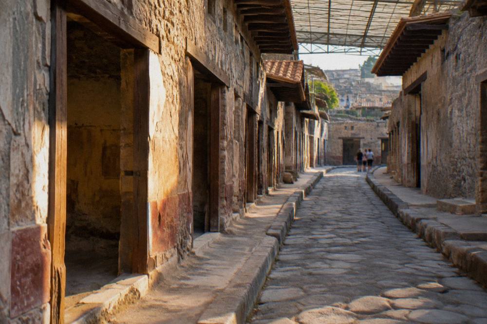 Carbonised wooden doorframe preserved inside an excavated Roman house at Herculaneum