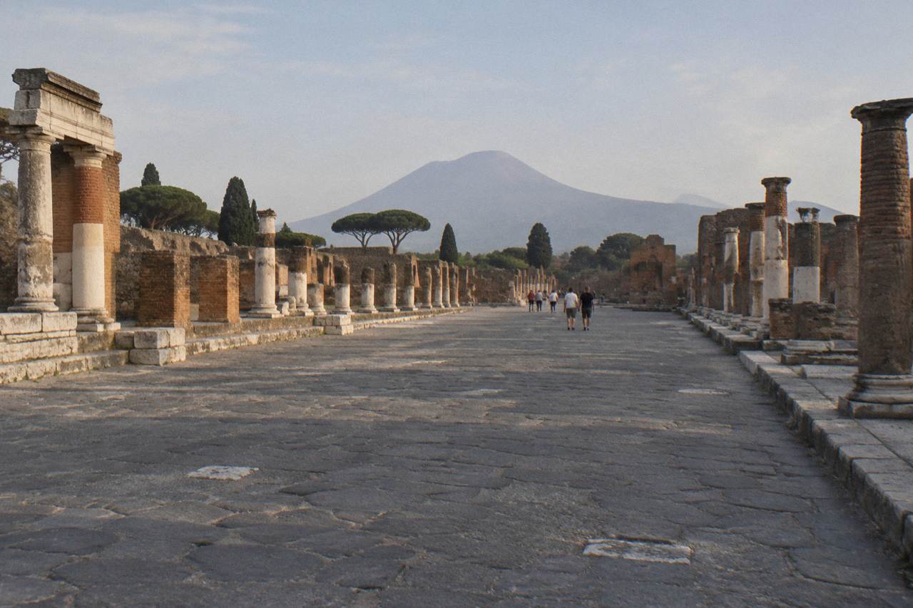 Excavated Roman stone walls of Pompeii with grassy unexcavated mounds rising behind them under a clear sky