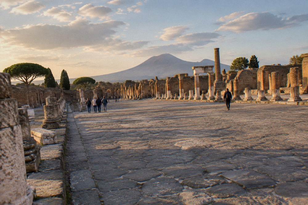 Mount Vesuvius rising above the plain of Pompei with its summit crater in morning light