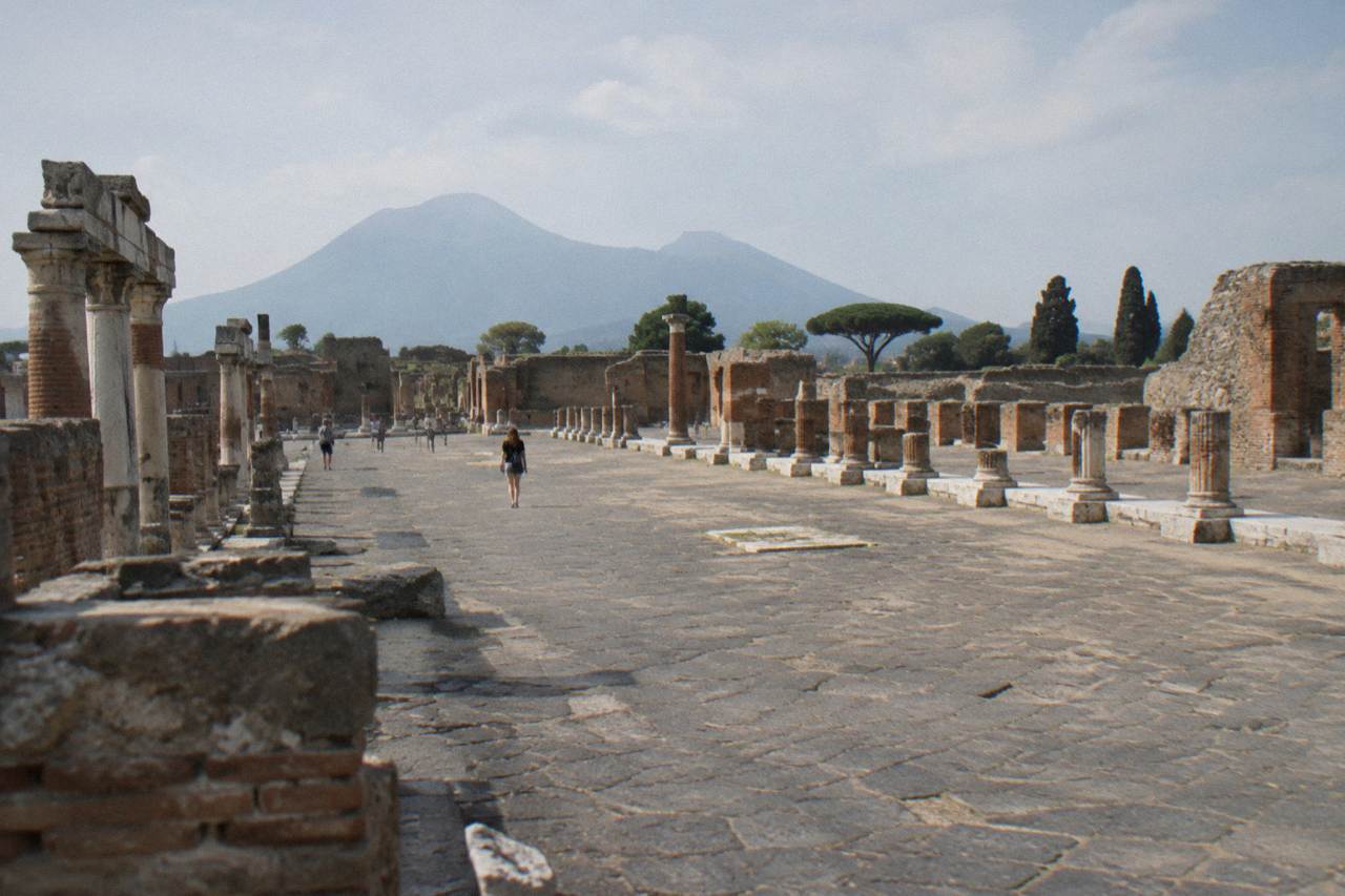 Mount Vesuvius rising above the plain of Pompei with its summit crater in morning light
