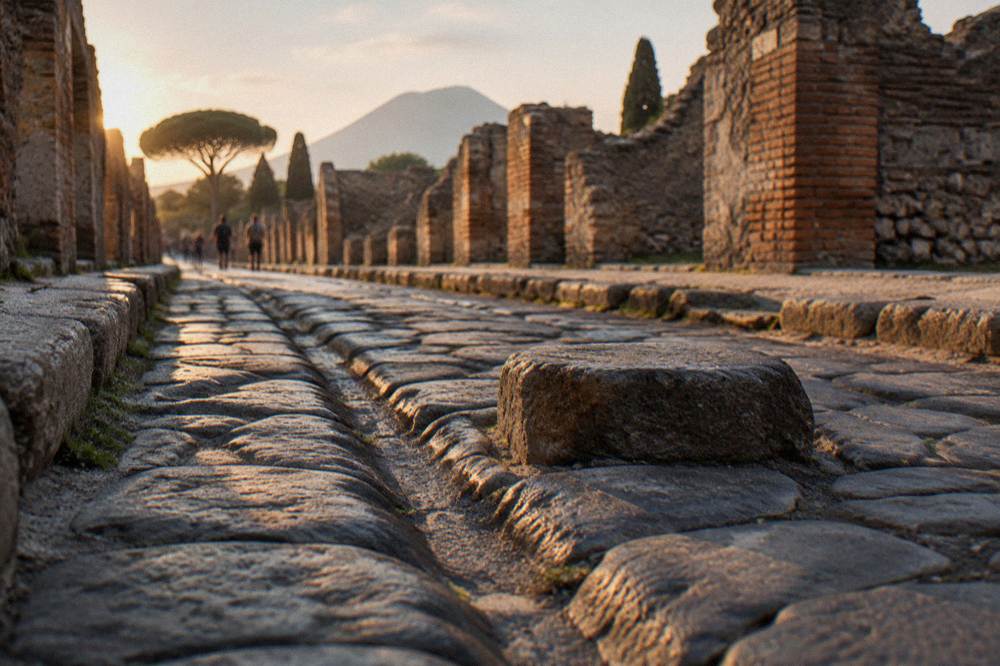 Ancient stone street in Pompeii with worn paving stones and ruined walls under a clear sky