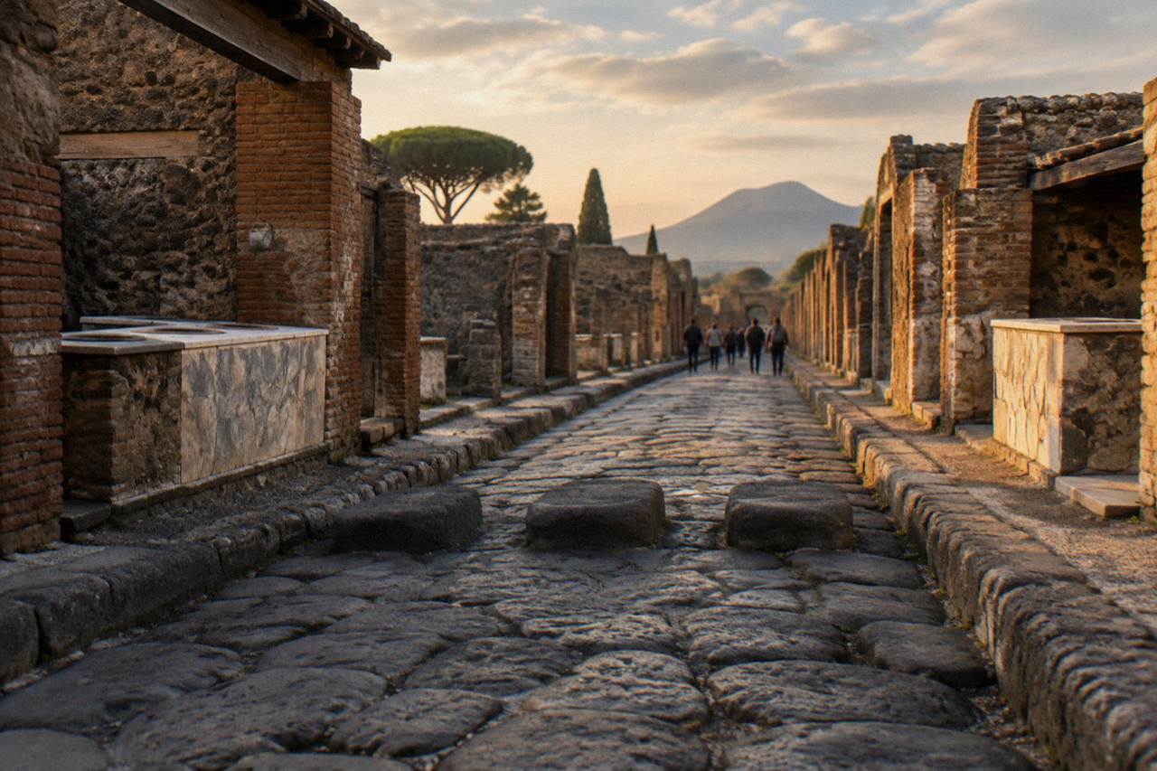 Ancient stone street in Pompeii with worn paving stones and ruined walls under a clear sky
