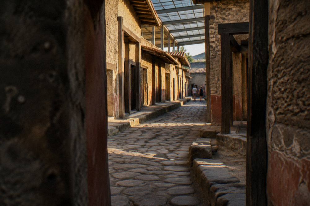 Skeletal remains displayed under cover at the Herculaneum excavation