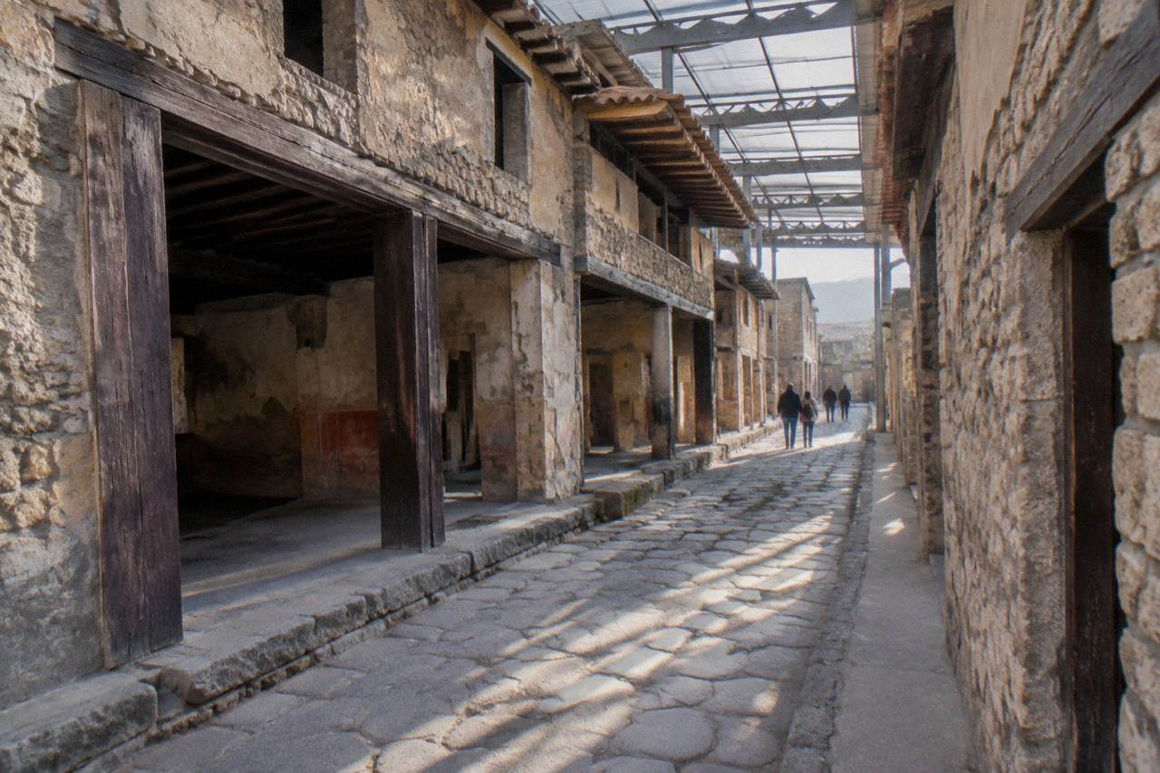 The stone arches of the ancient boat sheds at Herculaneum facing the sea