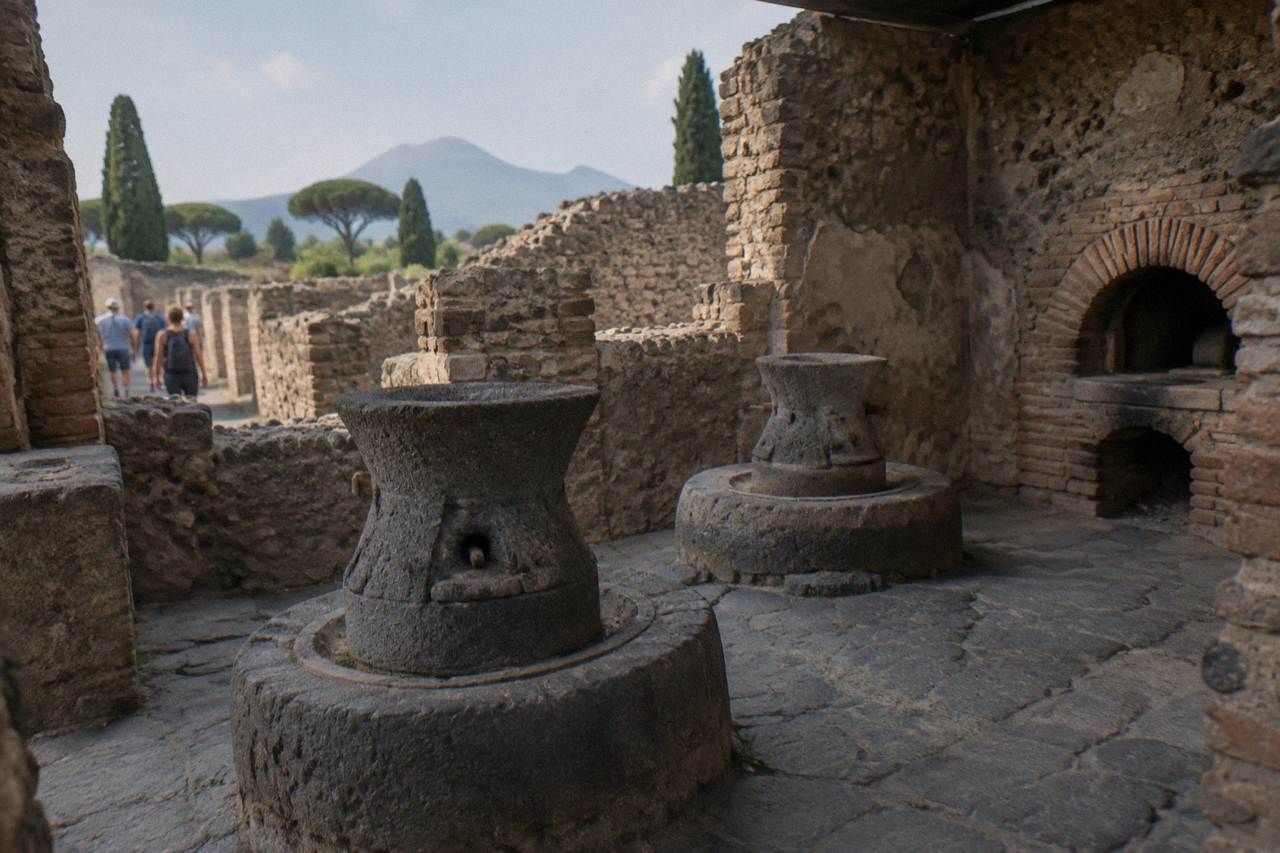 Ancient stone counters and a brick oven inside a roofless Roman bakery in Pompeii