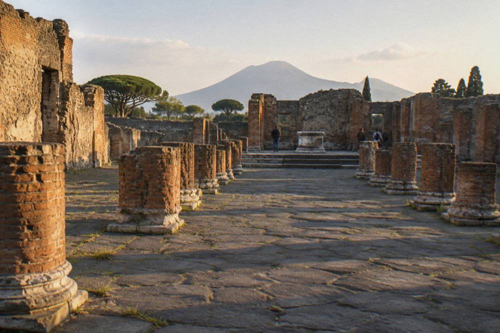 A raised stone platform at the far end of the Basilica nave at Pompeii