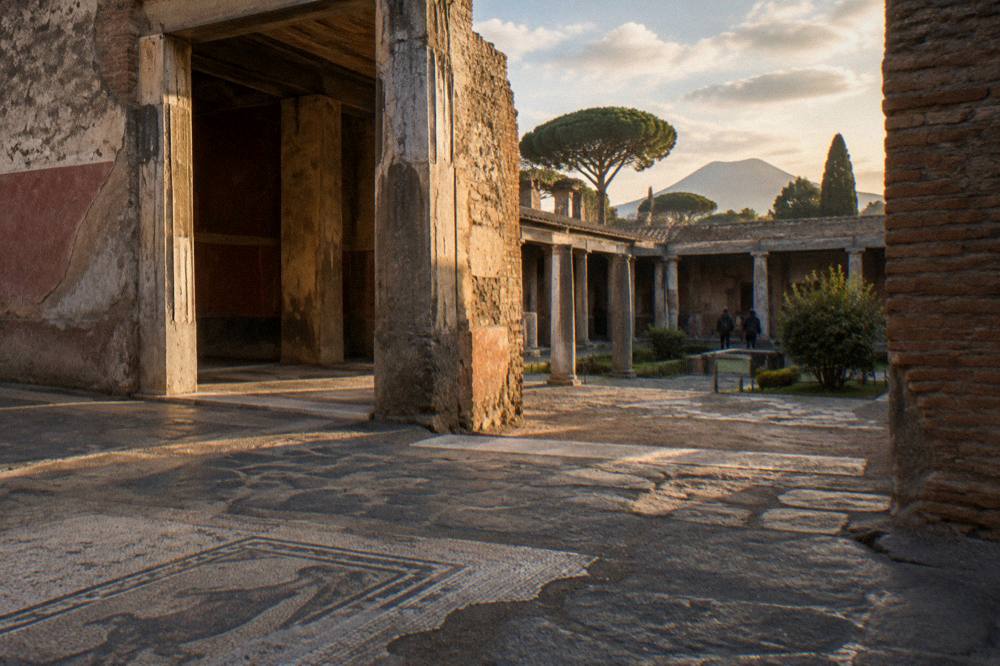 Warm late afternoon light on brick ruins at Pompeii with long shadows