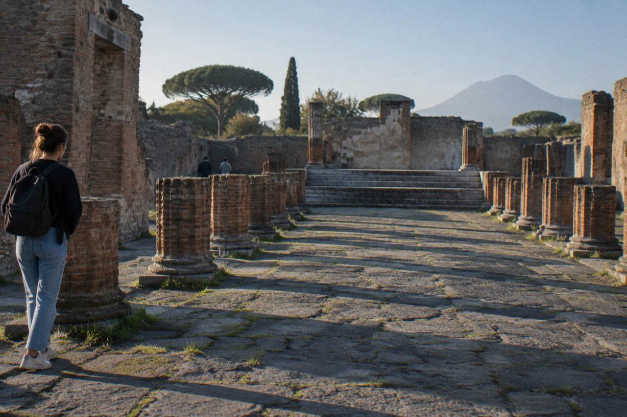 The ruined brick interior of the Basilica at Pompeii with rows of column bases receding into shadow