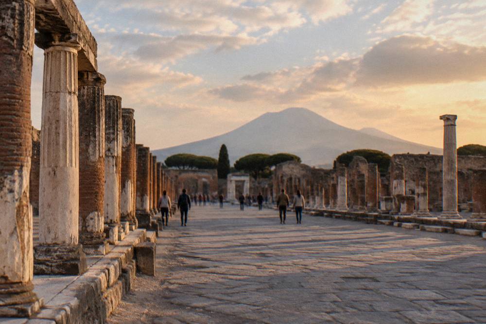Rows of broken stone columns standing in a rectangular line beside the paved forum square of Pompeii under clear sky
