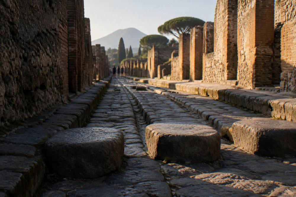 A smooth accessible walkway passing beside ancient stone ruins in Pompeii, with information panels and column bases along the path