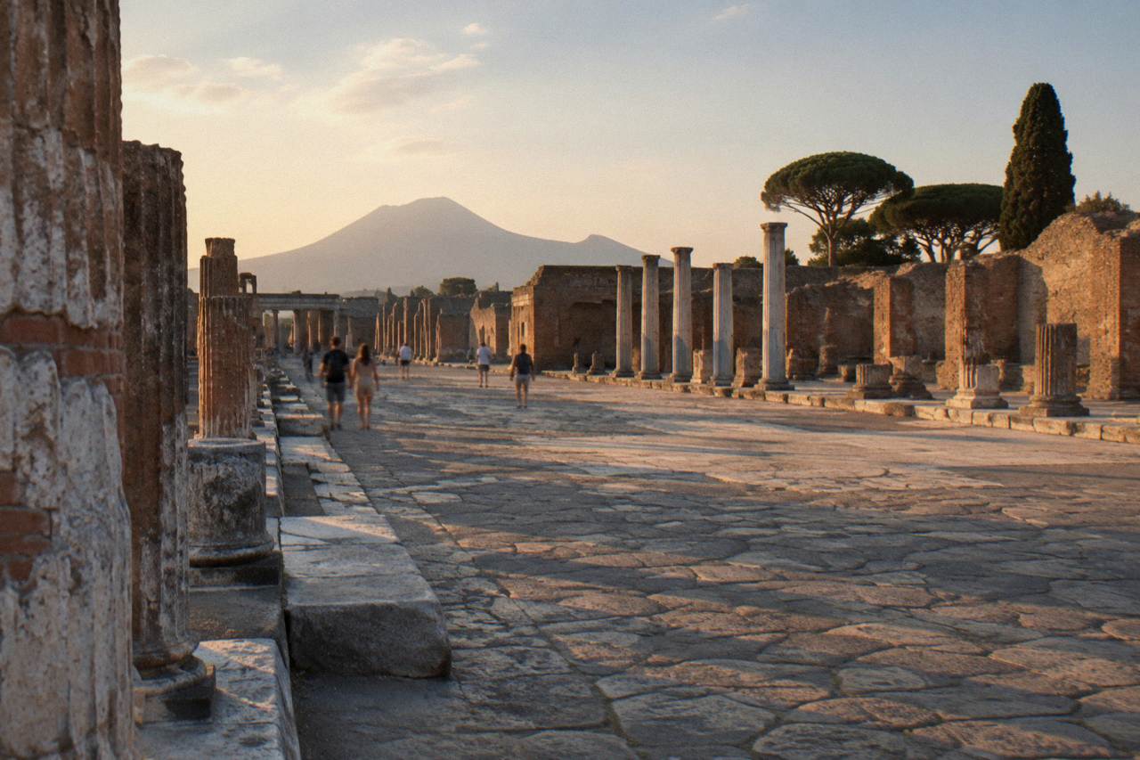 The open rectangular forum square of ancient Pompeii with stone paving and column bases under a bright sky, Mount Vesuvius on the horizon