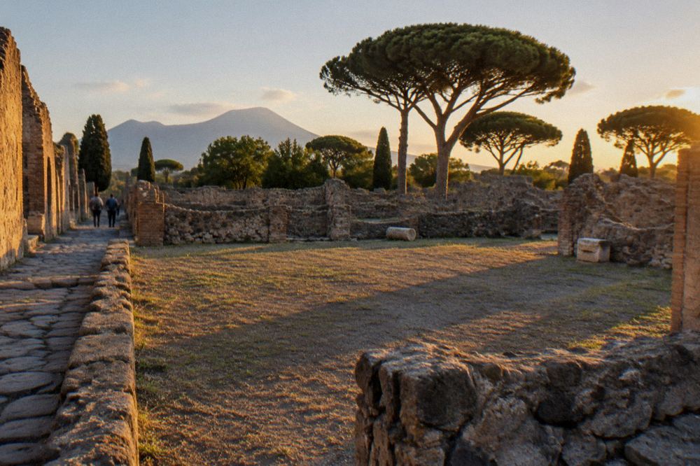 Ancient Pompeian street with stepping stones and worn cart ruts under an open sky