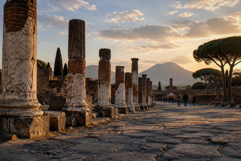 A quiet corner of excavated Pompeii with low stone walls and vine rows at the day's end