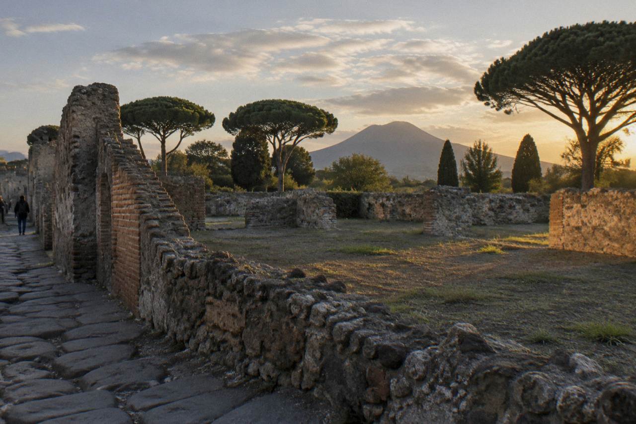 Rows of vineyard trenches in an excavated Pompeian garden with stone walls under an open sky
