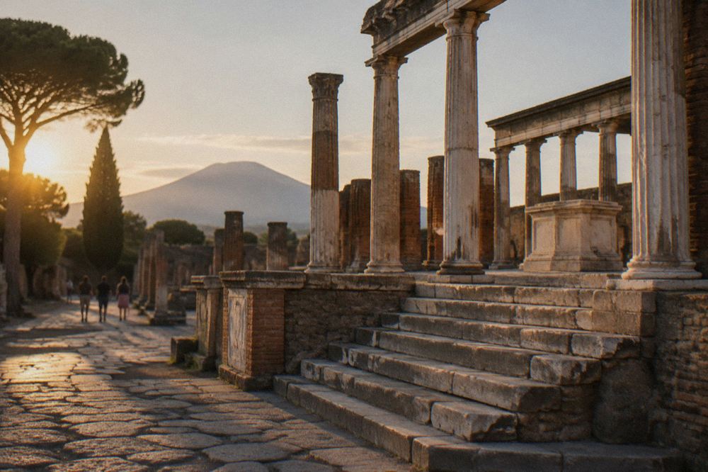 Rough stone pillars standing in a row along an ancient walkway in Pompeii