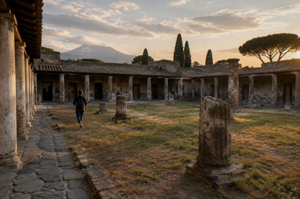 Close view of a ruined stone doorway and fragmentary wall inside Pompeii