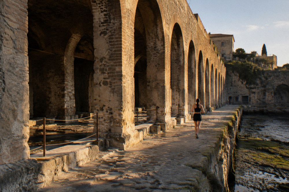 Viewing terrace above the ancient shoreline at Herculaneum looking down on the vaulted chambers