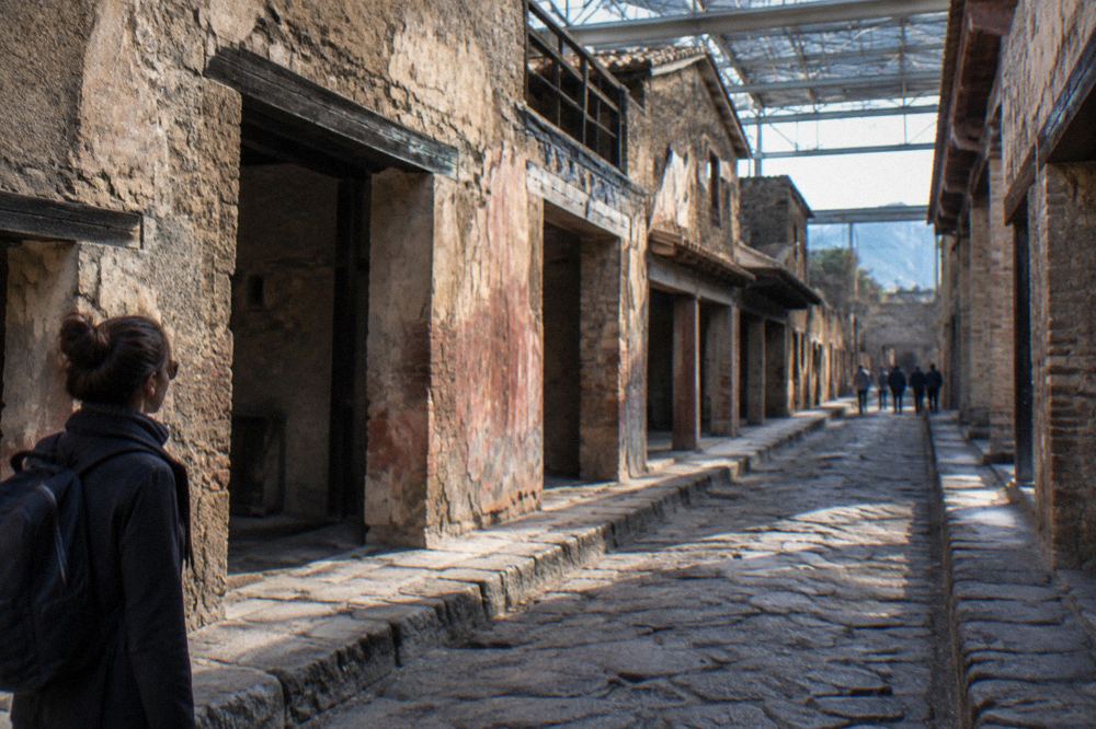 Vaulted stone boat shed arches opening toward the ancient shoreline