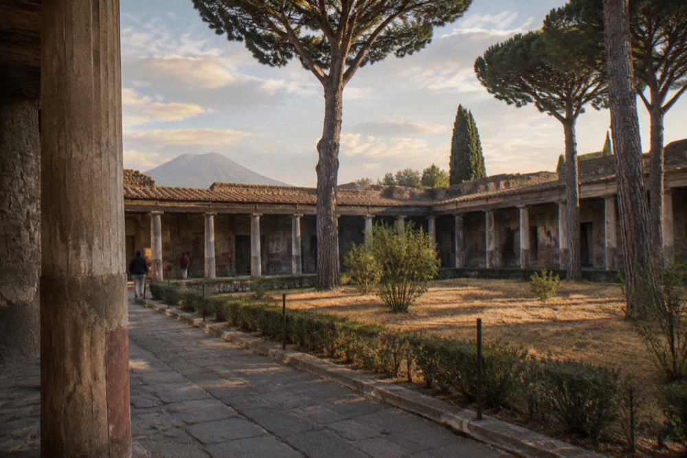 Stone columns and painted walls of an excavated Roman courtyard house
