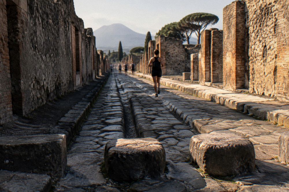 Courtyard of a ruined Roman house with columns and surviving painted plaster