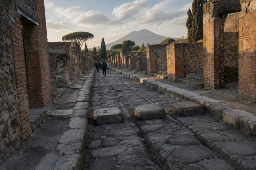 Low stone doorways opening onto a small garden with columns at an ancient Roman house