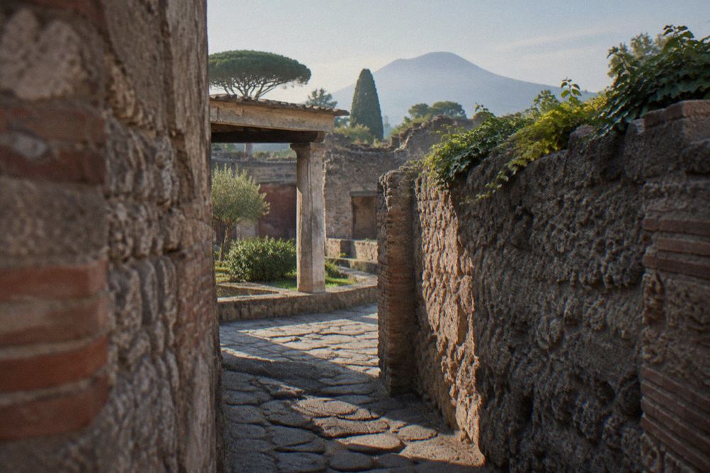 Rows of stone paving on a Roman street with worn wheel ruts in Pompeii