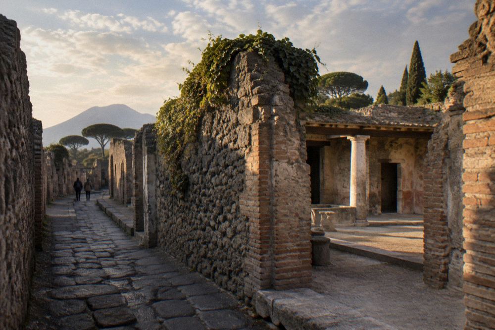 Interior atrium of an excavated Roman house with an open roof compluvium above a stone basin