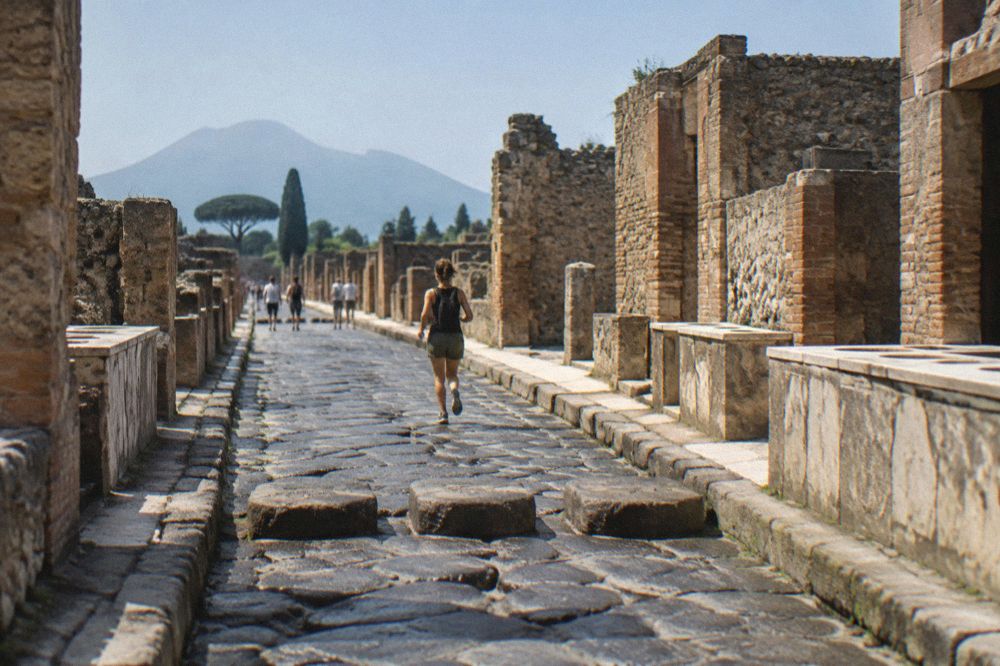 Stone walls of an ancient Roman house interior with a low doorway opening to the street