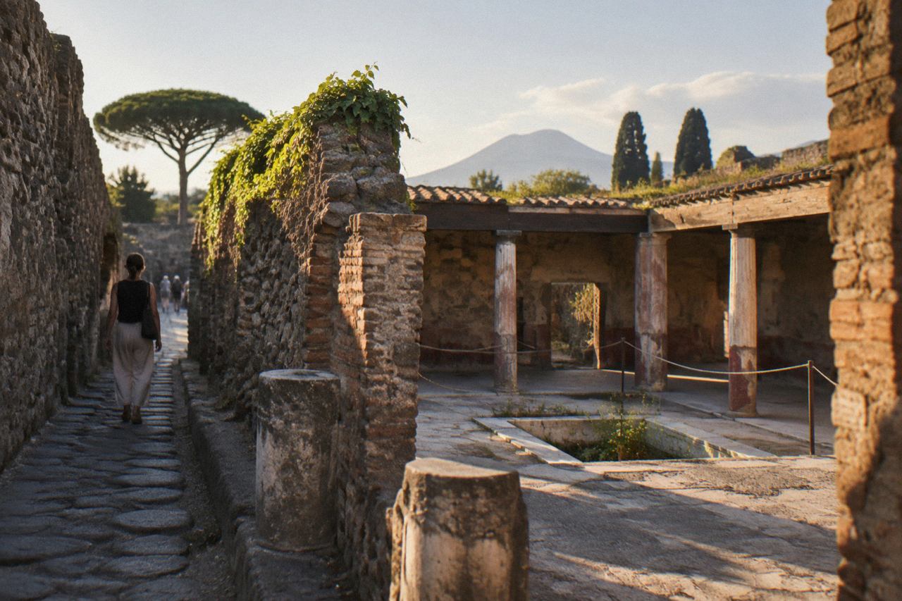 Ancient stone doorway of a Roman house on a quiet excavated street in Pompeii