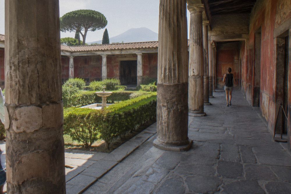 Columns of a Roman building in Pompeii against open sky at the edge of the Forum