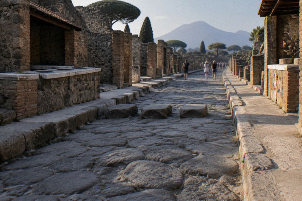 Stone columns of a colonnade framing a wide green enclosure with the profile of a mountain behind