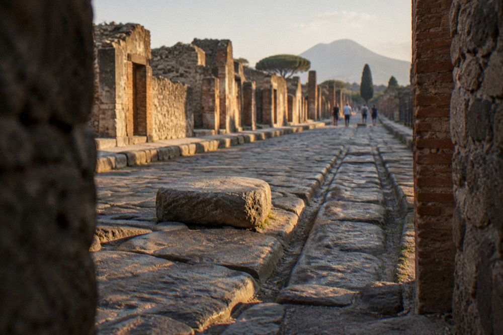 Sunlit ancient street corner in Pompeii with worn stone walls and a parked bicycle belonging to a site steward