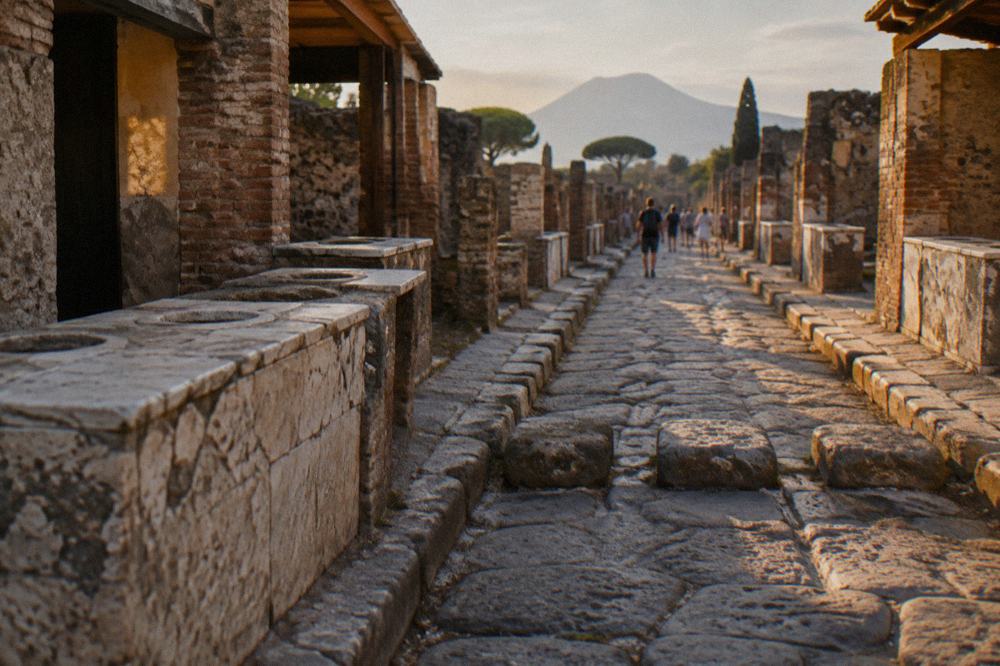 An ancient stone corridor of the Pompeii arena with arched openings letting in daylight