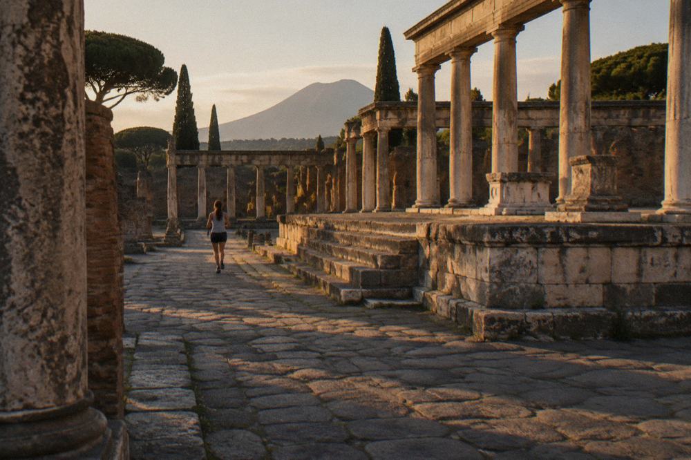Level stone walkway through excavated Roman ruins with ancient walls on both sides