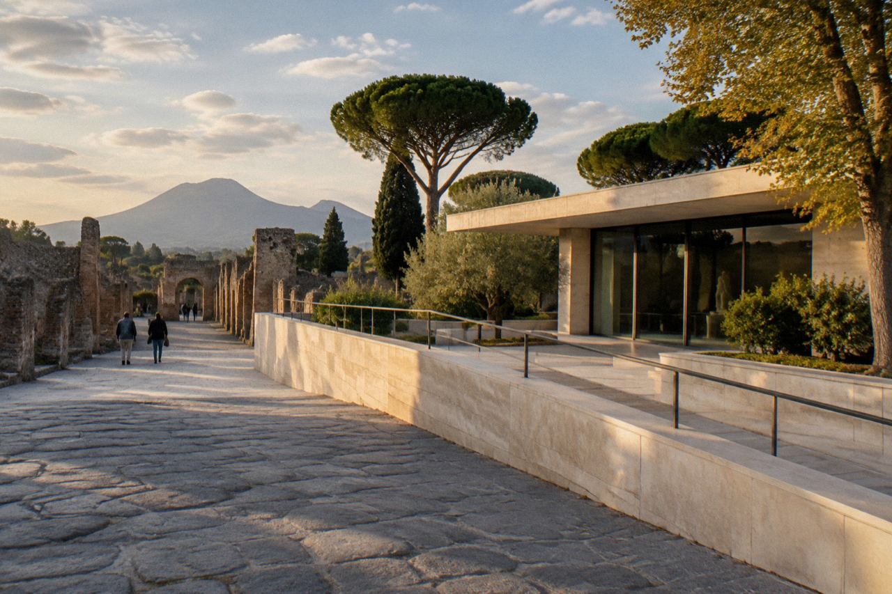 Gallery interior of the Pompeii Antiquarium museum with display cases and stone fragments