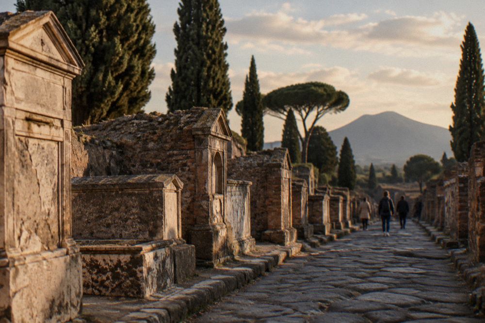Stone mausoleum facade with a Latin inscription panel beside an ancient paved road