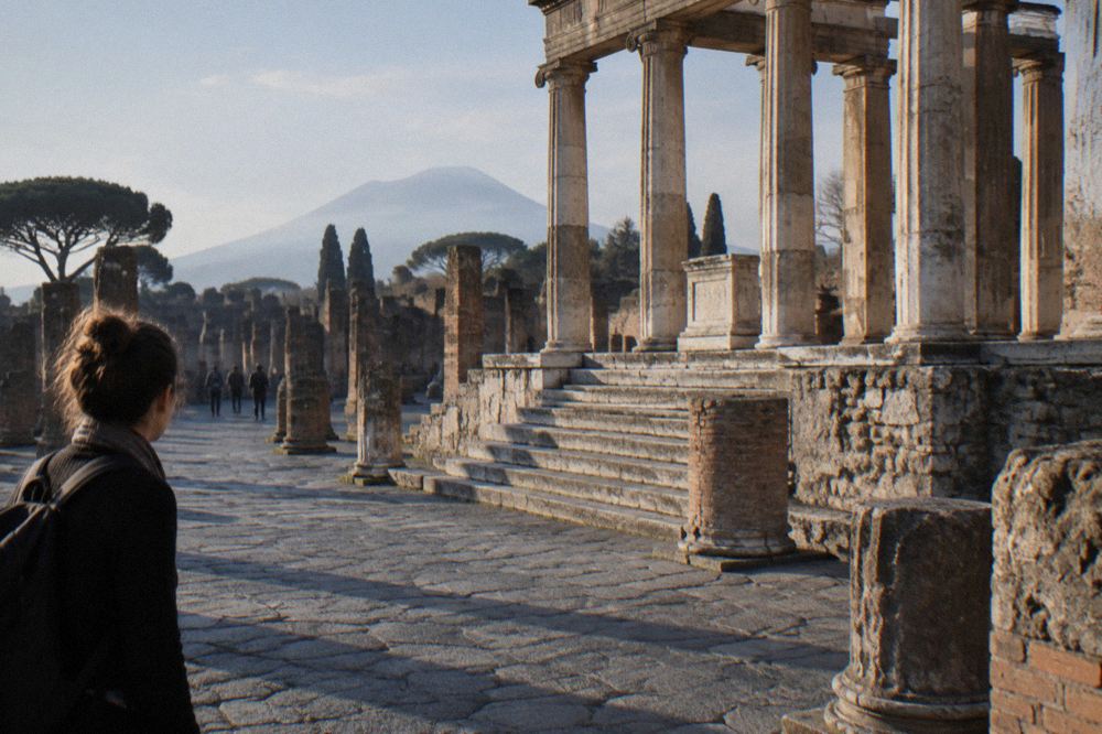 View up the stepped street from Porta Marina toward the terraces of Pompeii