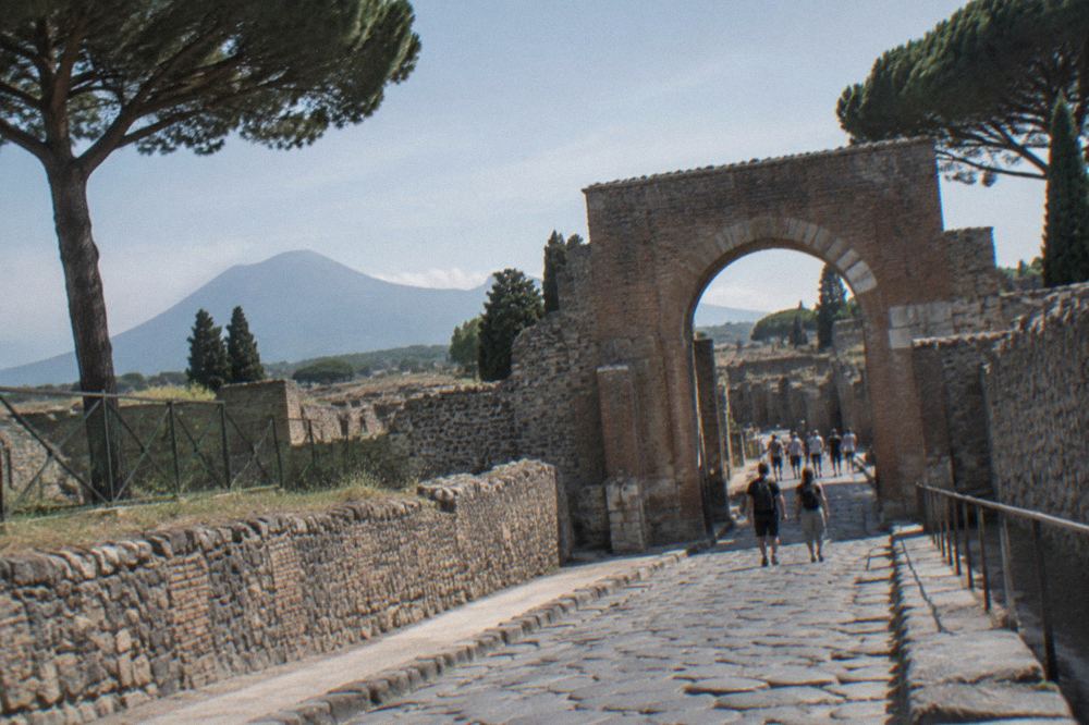 Ticket office area near Porta Marina entrance of Pompeii in morning light