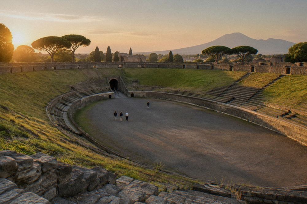 Panorama of the Forum of Pompeii with Mount Vesuvius on the skyline