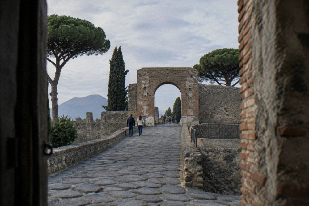 Railway viaduct beside the ancient walls near Porta Marina in Pompei