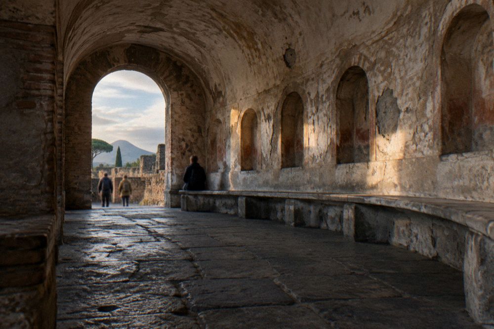 Ancient paved street inside Pompeii with stone stepping crossing and ruts