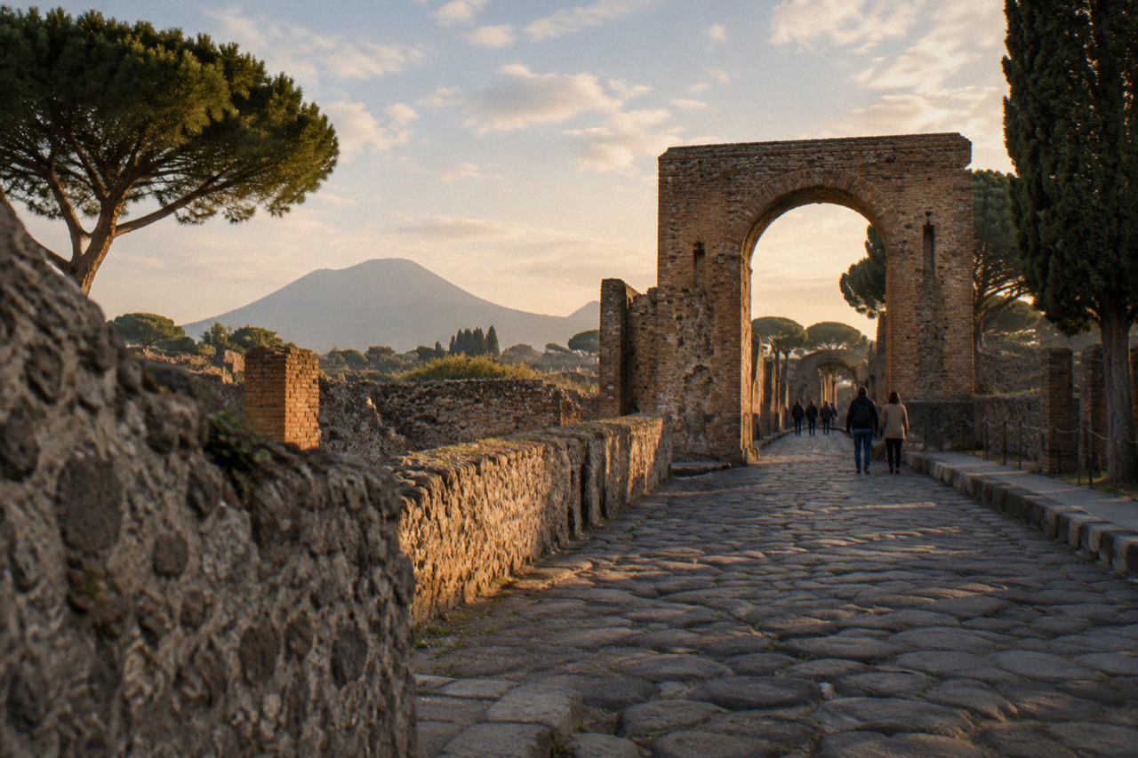 Ancient stone gate passage of Porta Marina at Pompeii with worn basalt road surface