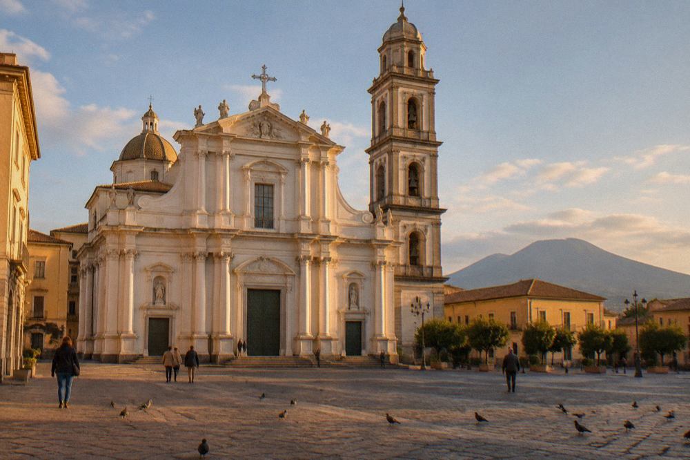 The facade and bell tower of the Sanctuary of Pompei seen from the square in front