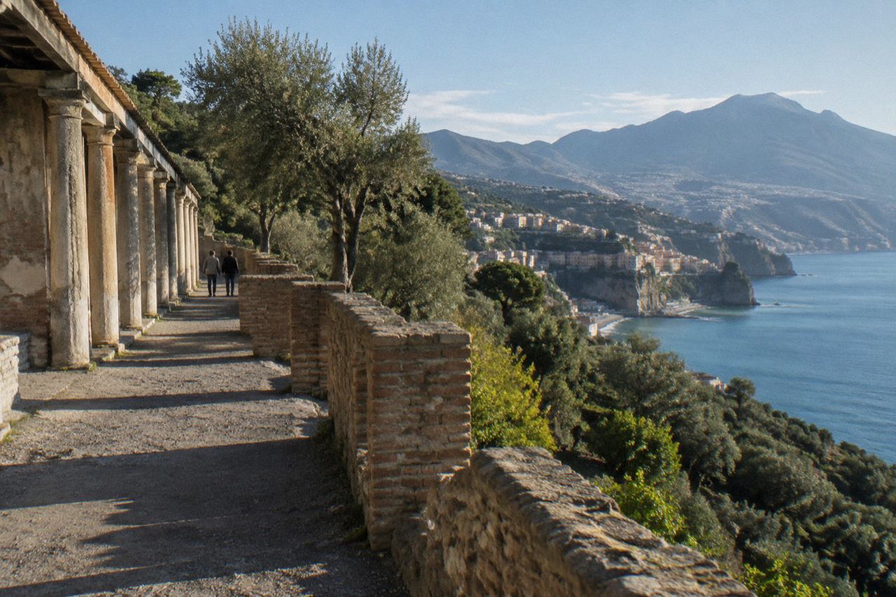 Cliffside Roman villa terraces overlooking the Bay of Naples from the Varano ridge
