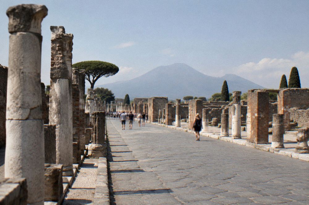 Remains of colonnade columns framing the exercise yard of the ancient baths
