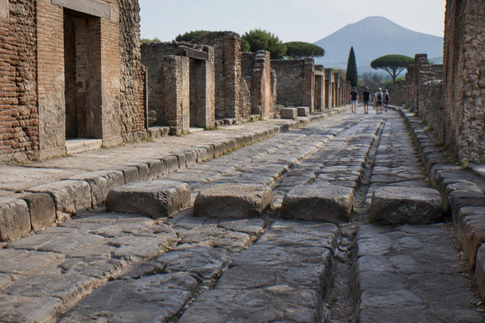 A stone-paved ancient street lined with worn steps leading toward an open plaza